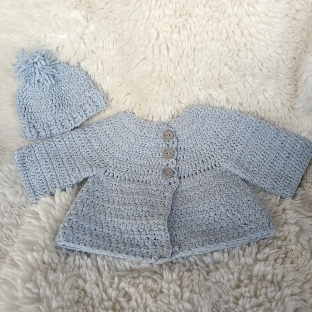 Handmade Crochet Baby Cardigan and Hat Set in Light Blue